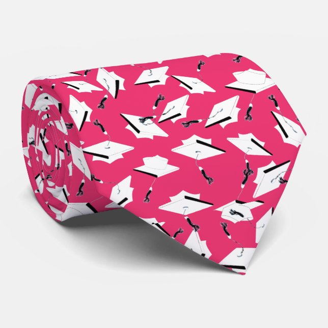Graduation Caps Tossed Celebration White on Pink Neck Tie (Rolled)