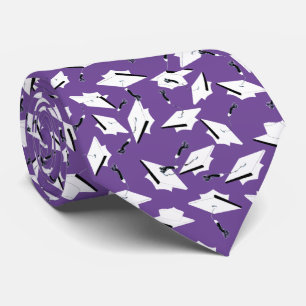 Graduation Caps Tossed Celebration White on Purple Neck Tie