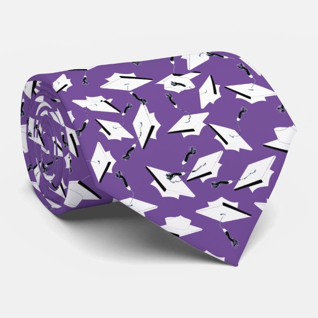 Graduation Caps Tossed Celebration White on Purple Neck Tie (Rolled)