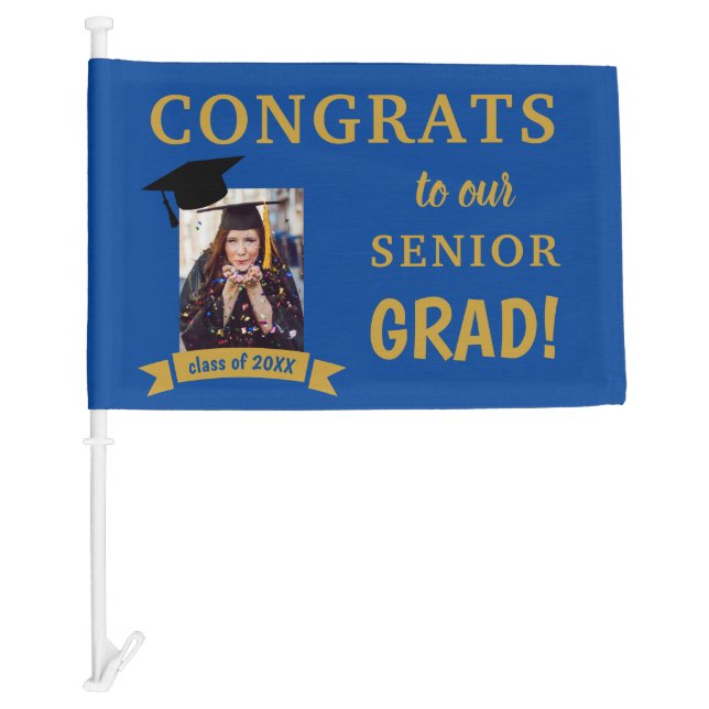 Graduation Car Flag Honk or Wave Custom Blue Gold (Front)