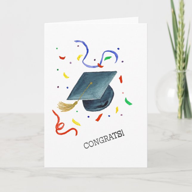 Graduation Card - "Congrats!" Watercolor Cap (Front)