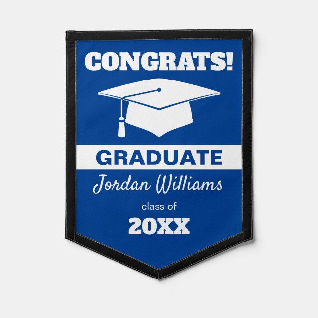 Graduation Celebration Black White Blue Hat Pennant (Front)