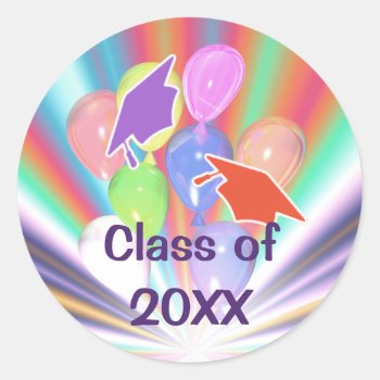Graduation Celebration Caps And Balloons Classic Round Sticker by Peerdrops at Zazzle