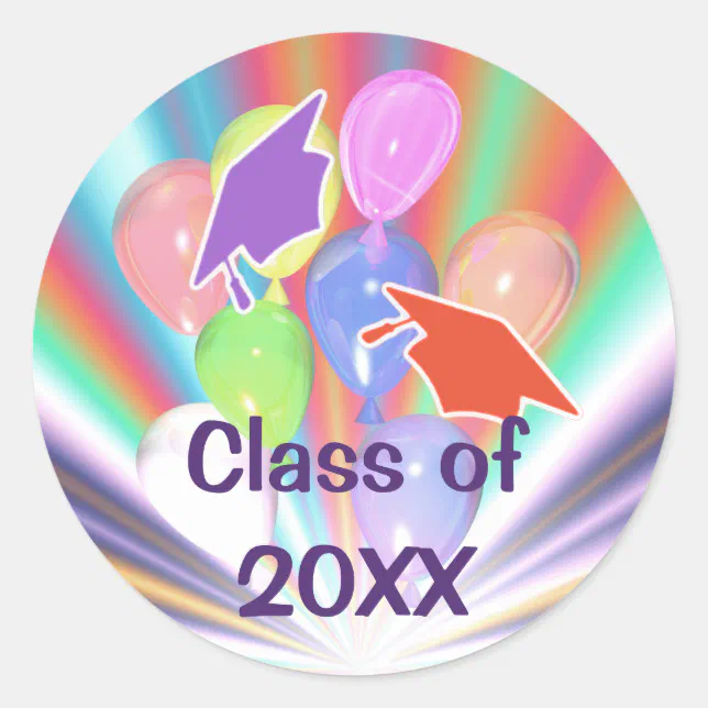 Graduation Celebration Caps and Balloons Classic Round Sticker | Zazzle
