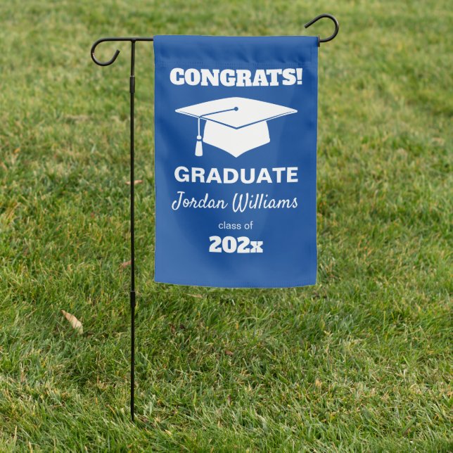 Graduation Celebration White Blue Hat Vector Art Garden Flag (In SItu)