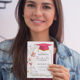 Graduation Ceremony WildFlowers Pink Grad Hat Invitation