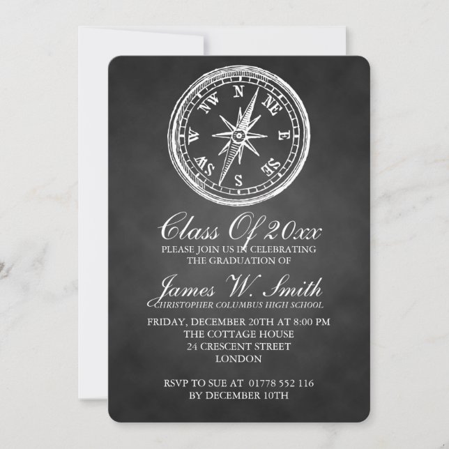 Graduation Chalkboard Vintage Compass Black Invitation (Front)