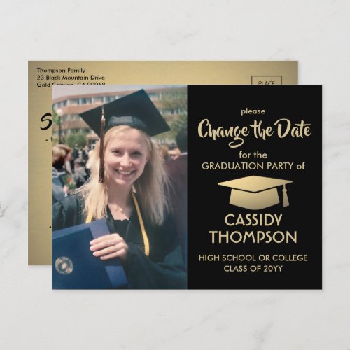 Graduation Change the Date Photo Black Gold Update Announcement Postcard