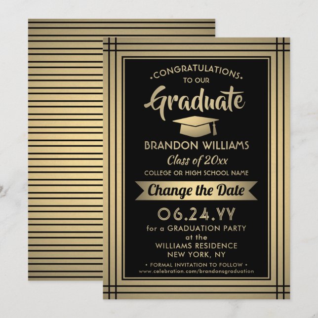 Graduation Change the Date Postponement Black Gold Save The Date (Front/Back)