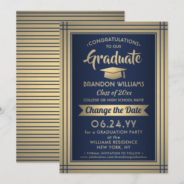 Graduation Change the Date Postponement Navy Gold Save The Date (Front/Back)