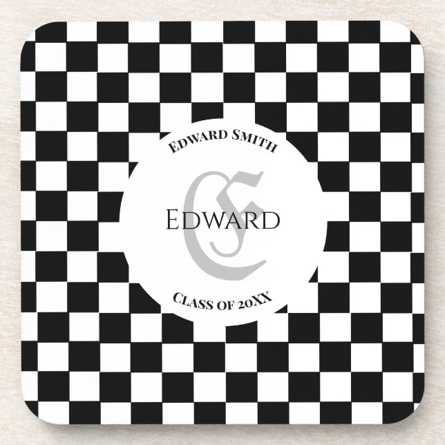 Graduation Checkered Pattern Race Flag Beverage Coaster (Front)