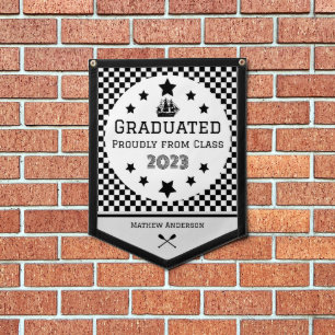 Graduation Chequered Black White Pennant