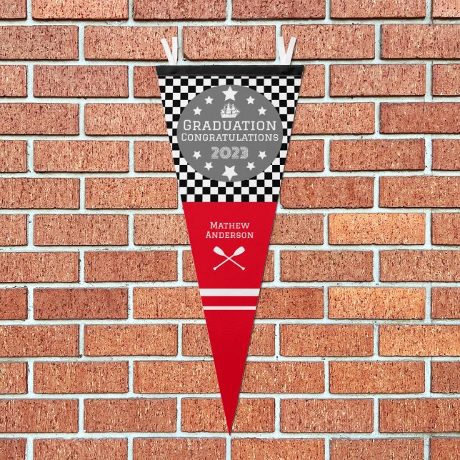 Graduation Chequered Black White Red Pennant Flag (Front)