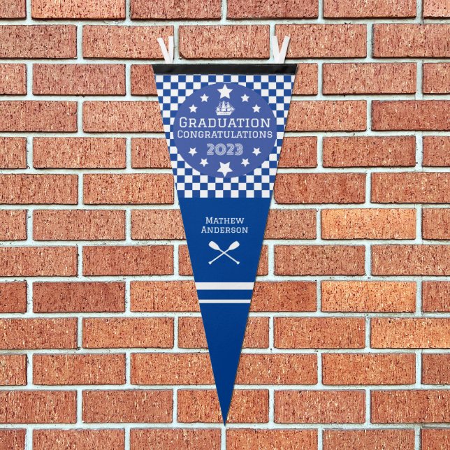 Graduation Chequered White Blue Pennant Flag (Front)