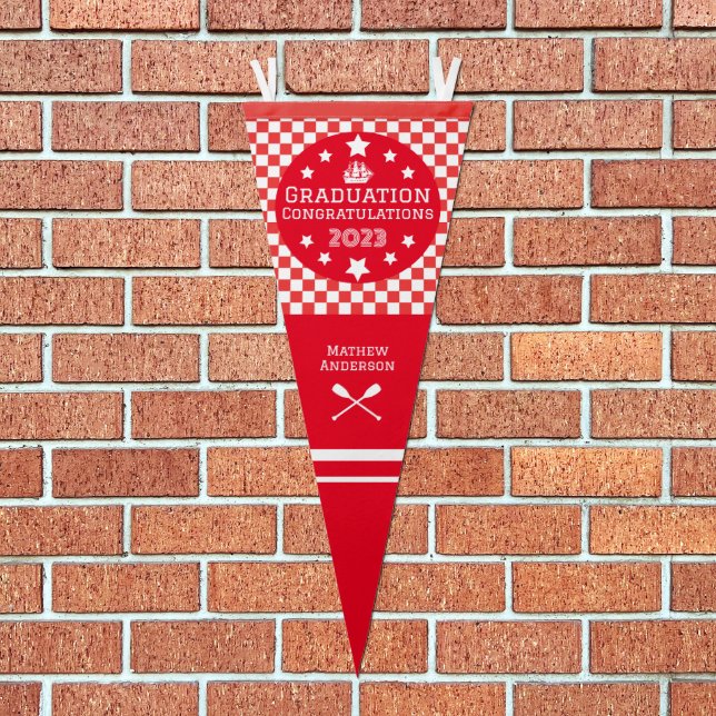 Graduation Chequered White Red Pennant Flag (Front)
