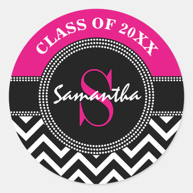 Graduation Chevron Monogram Hot Pink and Black Classic Round Sticker ...
