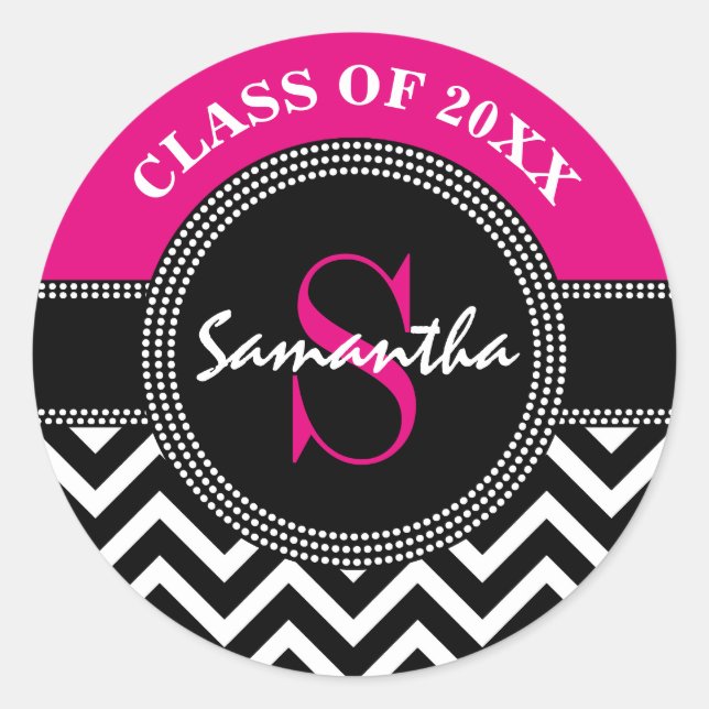 Graduation Chevron Monogram Hot Pink and Black Classic Round Sticker (Front)