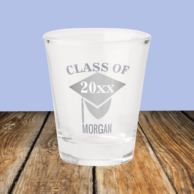 Graduation Chic Silver Mortarboard Reunion Shot Glass (Creator Uploaded)
