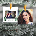Graduation Christmas Rustic Trees Photo Keepsake Ceramic Ornament<br><div class="desc">Celebrate the graduate with this whimsical Graduation Photo Christmas Holiday Ornament! Cute, Modern yet Rustic Christmas Holiday Photo Square Ornaments featuring adorable little forests of rustic Christmas trees and Merry Christmas in modern typography. Add 2 of your favorite photos for the perfect ornament! Please contact us at cedarandstring@gmail.com if you...</div>