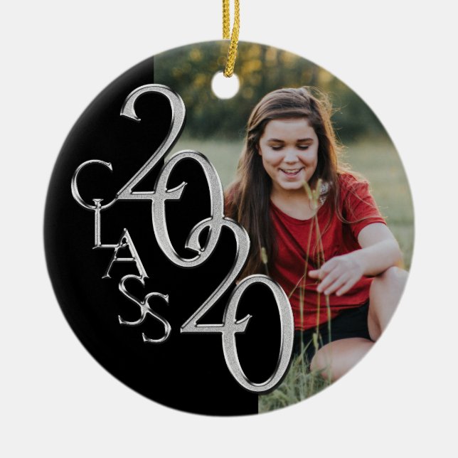 Graduation Class 2020 Photo Black Silver Ceramic Ornament (Front)