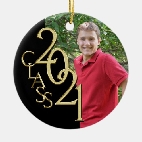 Graduation Class 2021 Photo Black with Gold Ceramic Ornament