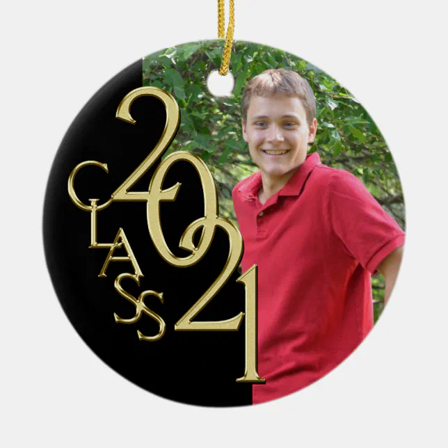 Graduation Class 2021 Photo Black with Gold Ceramic Ornament | Zazzle