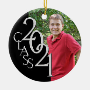 Graduation Class 2021 Photo Black with Silver Ceramic Ornament