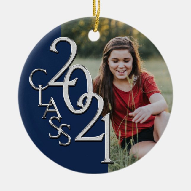 Graduation Class 2021 Photo Blue Silver Ceramic Ornament (Front)