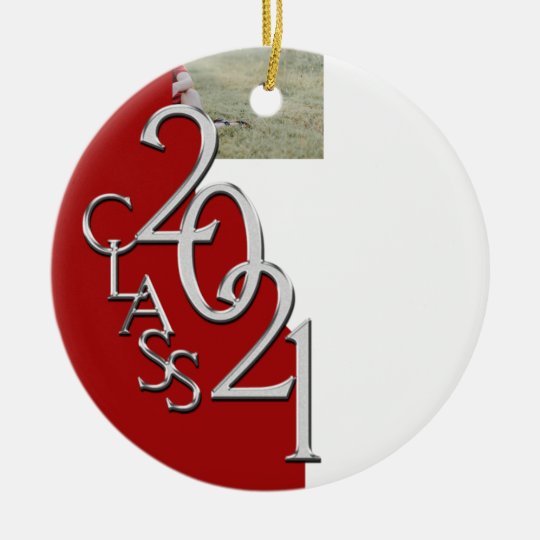 Graduation Class 2021 Photo Red Silver Ceramic Ornament