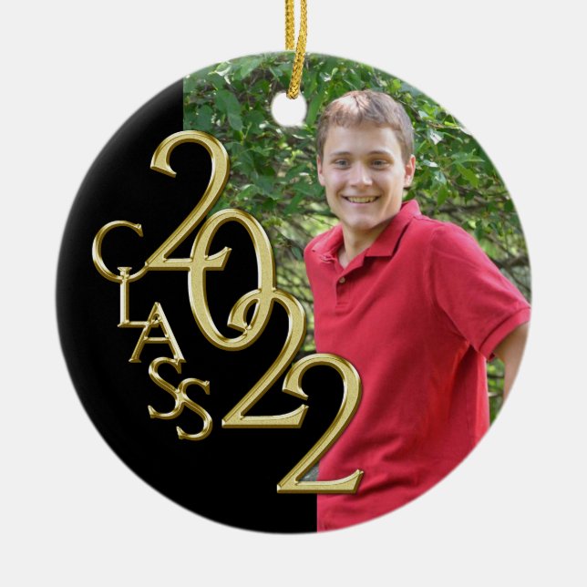 Graduation Class 2022 Photo Black with Gold  Ceramic Ornament (Front)