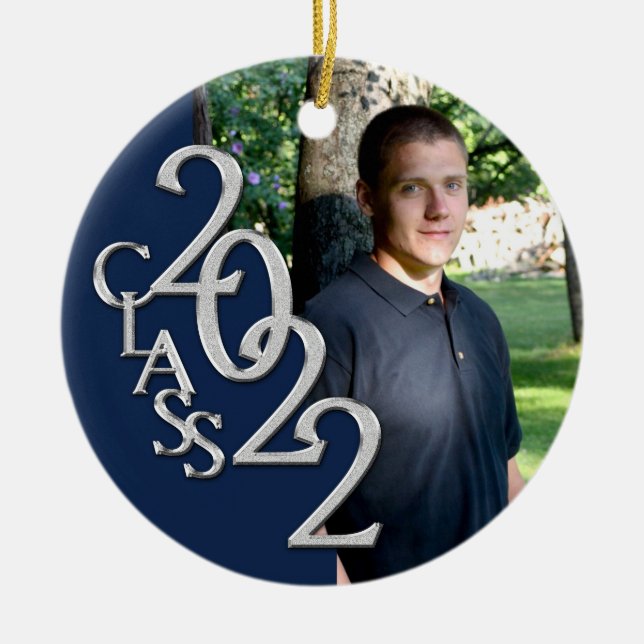 Graduation Class 2022 Photo Blue Silver Ceramic Or Ornament (Front)