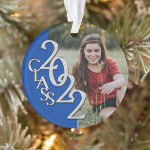 Graduation Class 2022 Photo Blue Silver Ornament