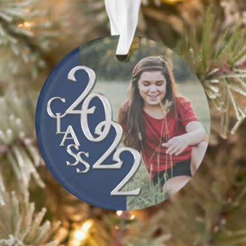 Graduation Class 2022 Photo Blue Silver Ornament