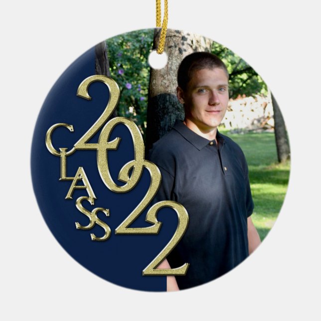 Graduation Class 2022 Photo Blue with Gold  Ceramic Ornament (Front)