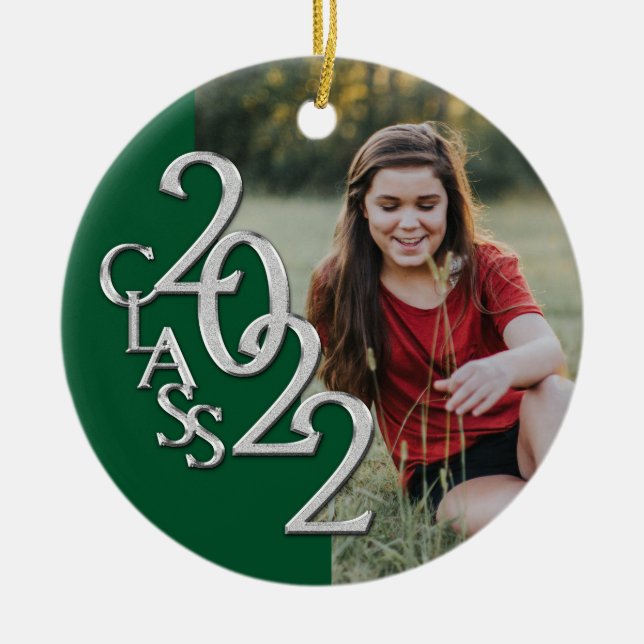Graduation Class 2022 Photo Green Silver Ceramic Ornament (Front)