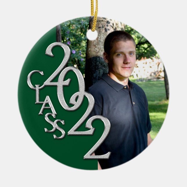 Graduation Class 2022 Photo Green Silver Ceramic Ornament (Front)