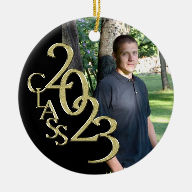 Graduation Class 2023 Photo Black with Gold  Ceramic Ornament (Front)