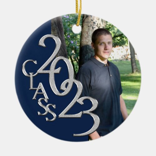 Graduation Class 2023 Photo Blue and Silver Ceramic Ornament