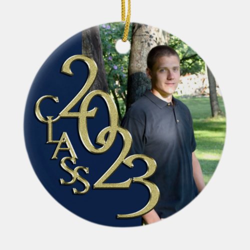 Graduation Class 2023 Photo Blue with Gold Ceramic Ceramic Ornament