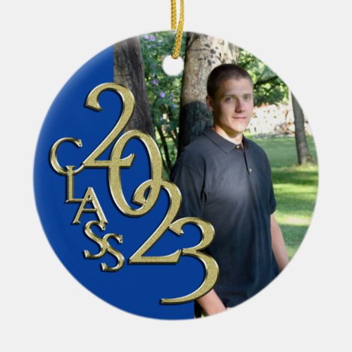 Graduation Class 2023 Photo Blue with Gold Ceramic Ornament