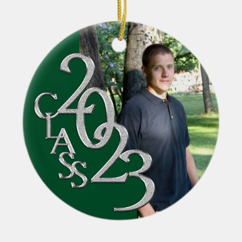 Graduation Class 2023 Photo Green and Silver Ceramic Ornament