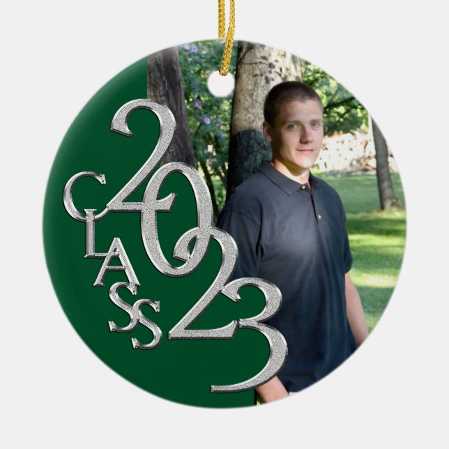 Graduation Class 2023 Photo Green and Silver Ceramic Ornament (Front)
