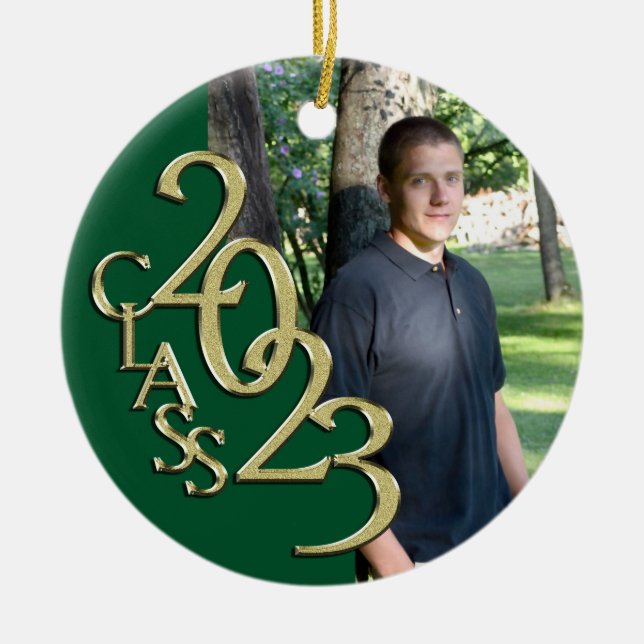 Graduation Class 2023 Photo Green with Gold  Ceramic Ornament (Front)