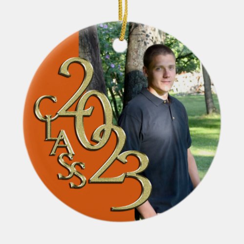 Graduation Class 2023 Photo Orange with Gold  Ceramic Ornament