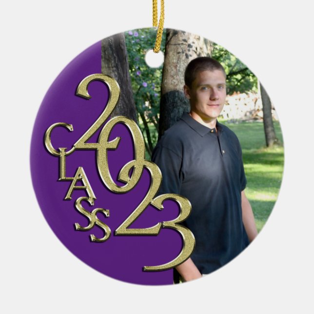 Graduation Class 2023 Photo Purple with Gold Ceramic Ornament (Front)