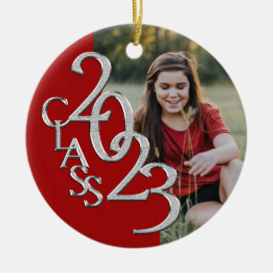 Graduation Class 2023 Photo Red Silver Ceramic Ornament