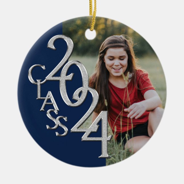Graduation Class 2024 Photo Blue Silver Ceramic Ornament (Front)