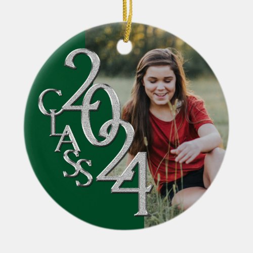 Graduation Class 2024 Photo Green Silver Ceramic Ornament