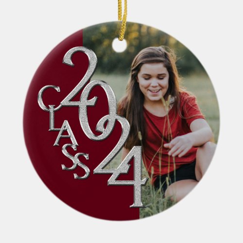 Graduation Class 2024 Photo Maroon Silver Ceramic Ornament