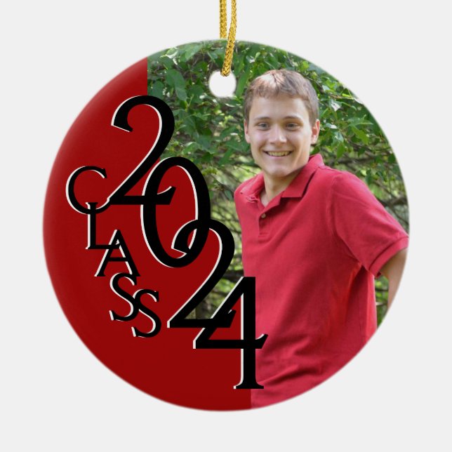 Graduation Class 2024 Photo Red Ceramic Ornament (Front)